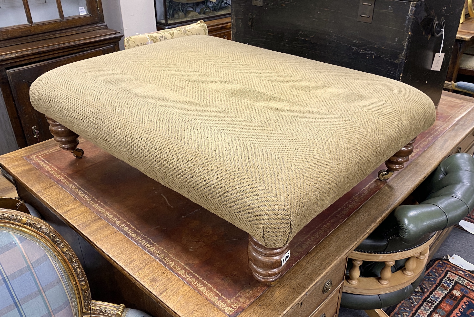 A large modern Victorian style upholstered rectangular footstool, width 80cm, depth 104cm, height 33cm